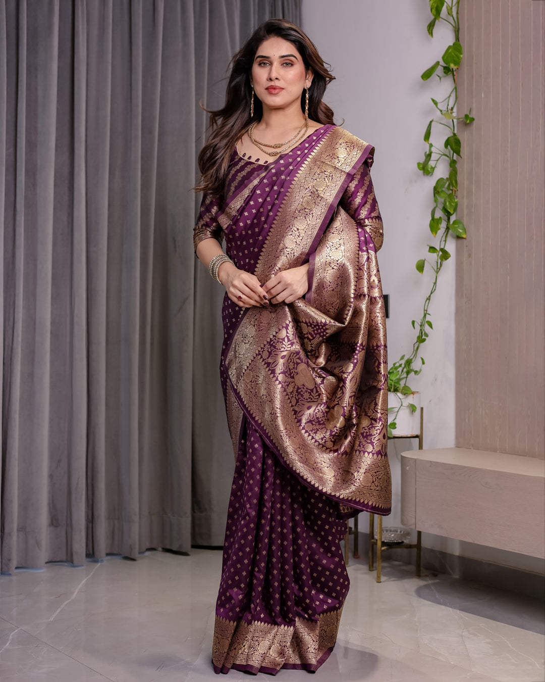 Rich Purple Banarasi Soft Silk Saree With Gold Zari Borders for Women