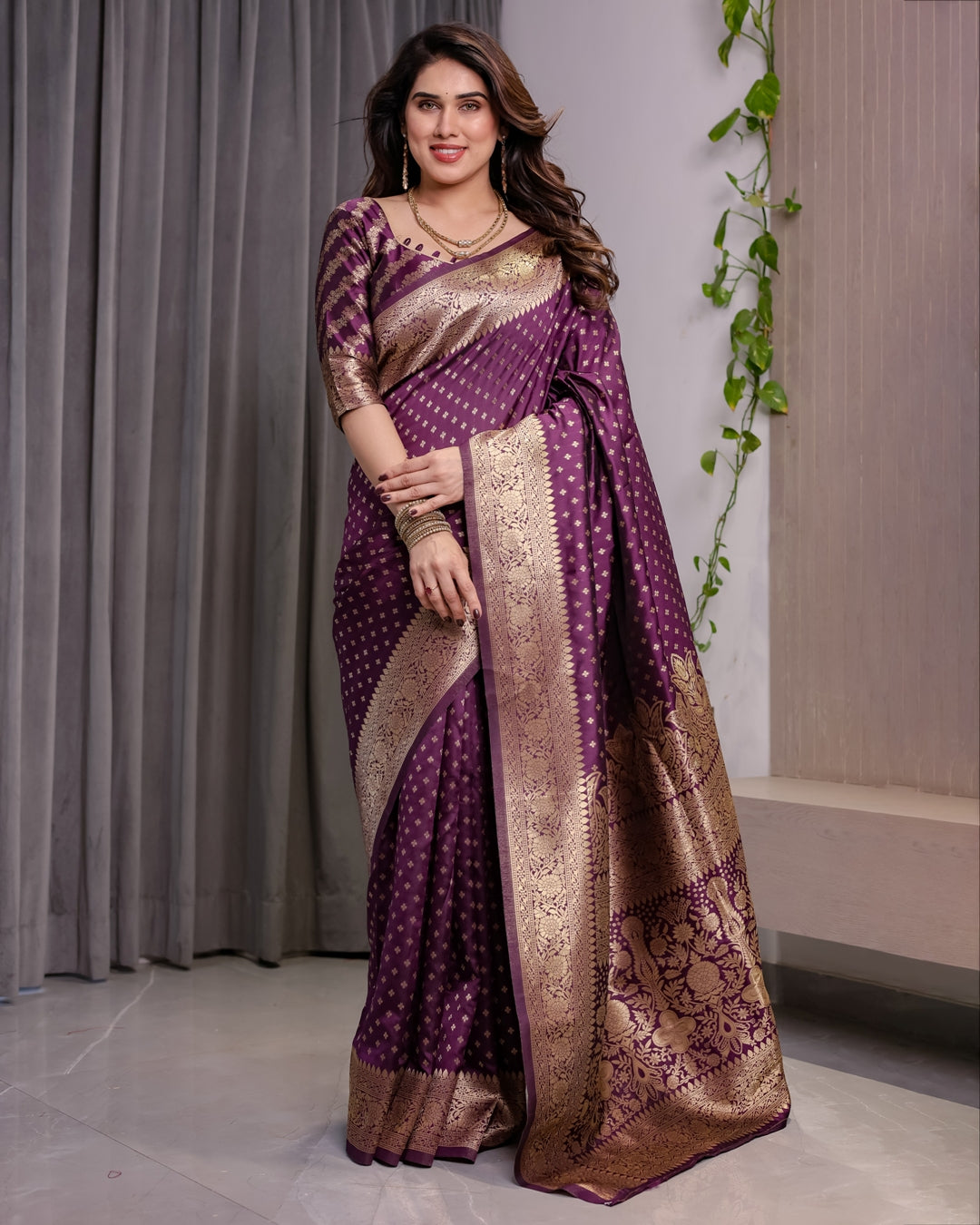 Rich Purple Banarasi Soft Silk Saree With Gold Zari Borders for Women