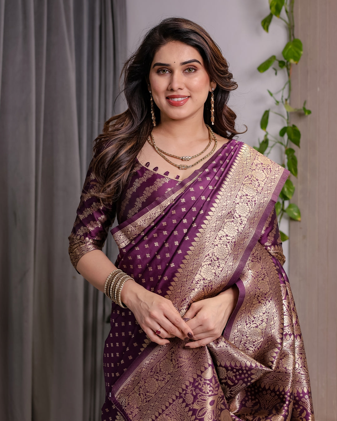 Rich Purple Banarasi Soft Silk Saree With Gold Zari Borders for Women