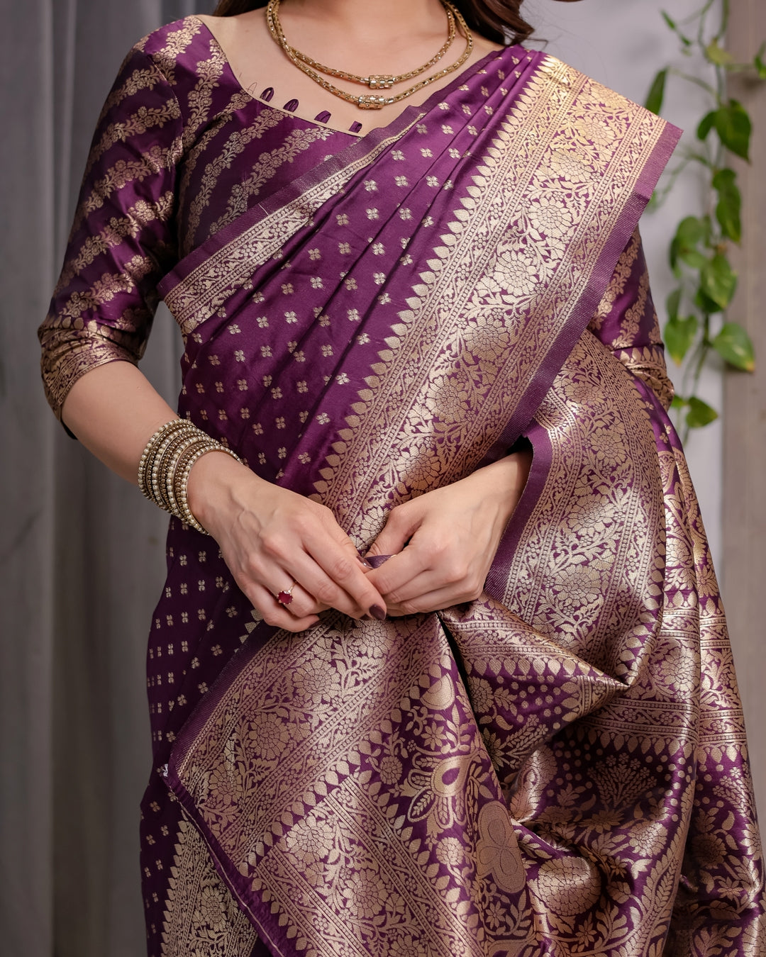 Rich Purple Banarasi Soft Silk Saree With Gold Zari Borders for Women