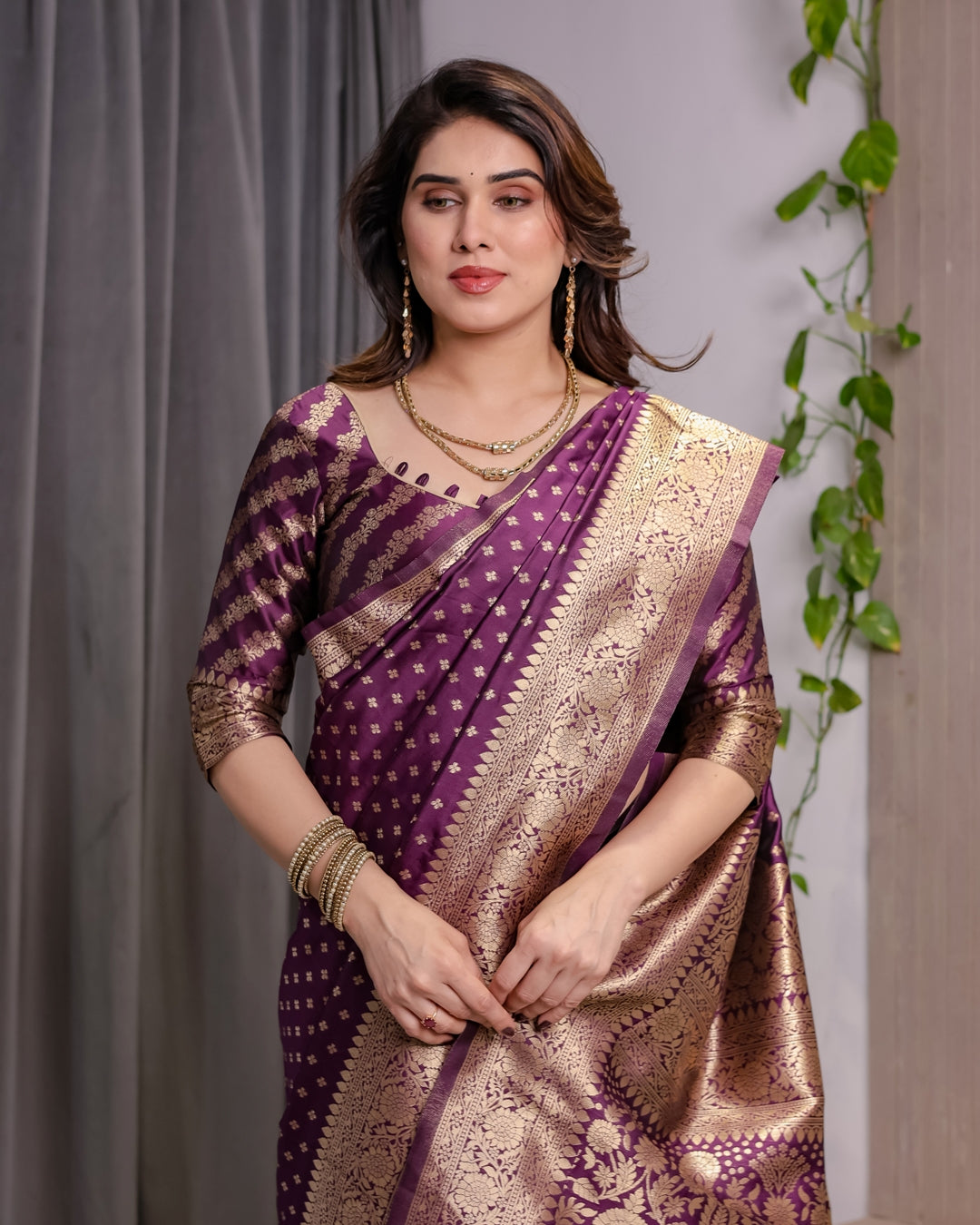 Rich Purple Banarasi Soft Silk Saree With Gold Zari Borders for Women