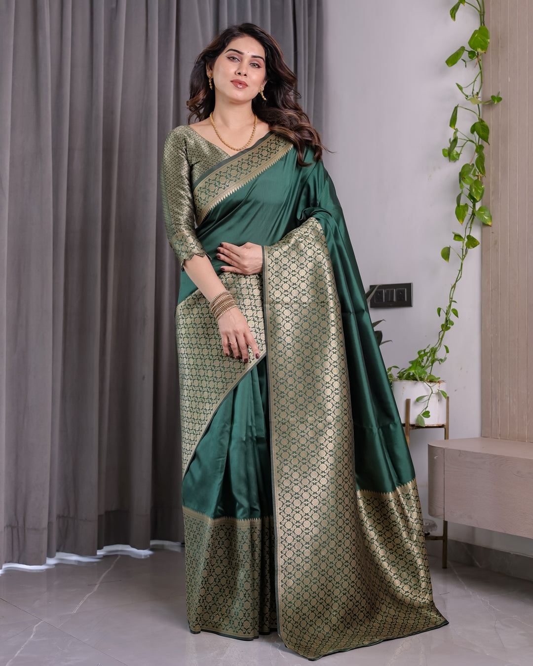 Deep Green Banarasi Soft Silk Saree With Golden Zari Border for Women