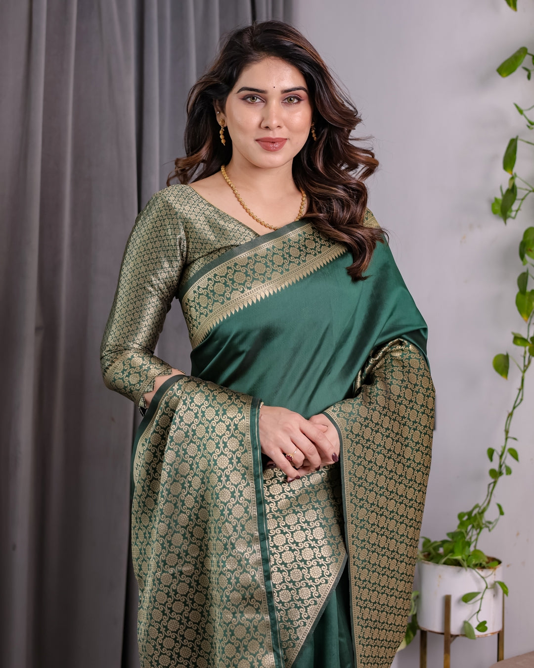 Deep Green Banarasi Soft Silk Saree With Golden Zari Border for Women