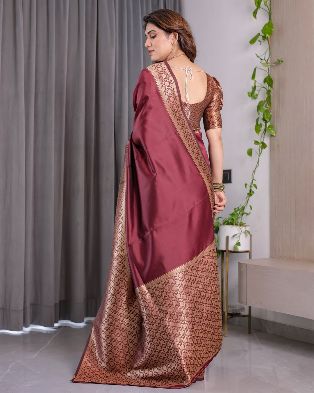 Wine Maroon Banarasi Soft Silk Saree With Elegant Gold Zari for Women