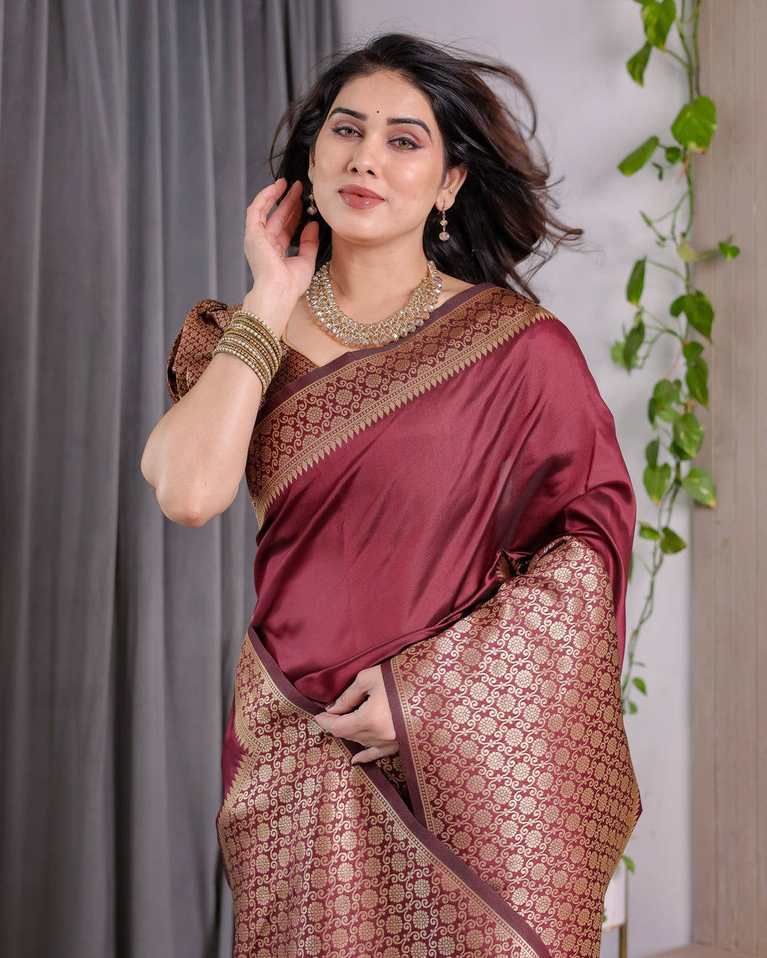 Wine Maroon Banarasi Soft Silk Saree With Elegant Gold Zari for Women