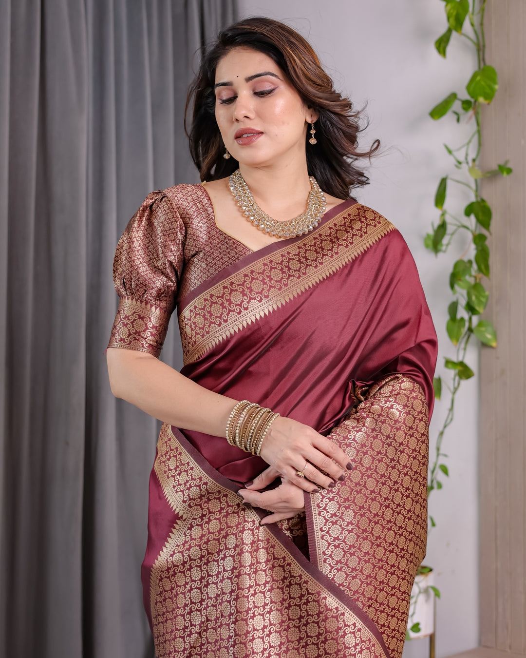 Wine Maroon Banarasi Soft Silk Saree With Elegant Gold Zari for Women