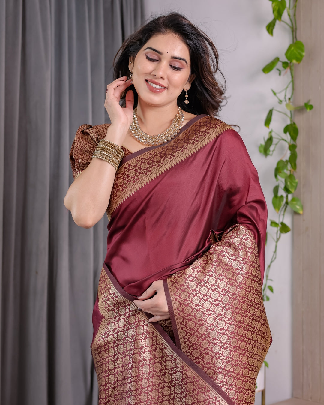 Wine Maroon Banarasi Soft Silk Saree With Elegant Gold Zari for Women
