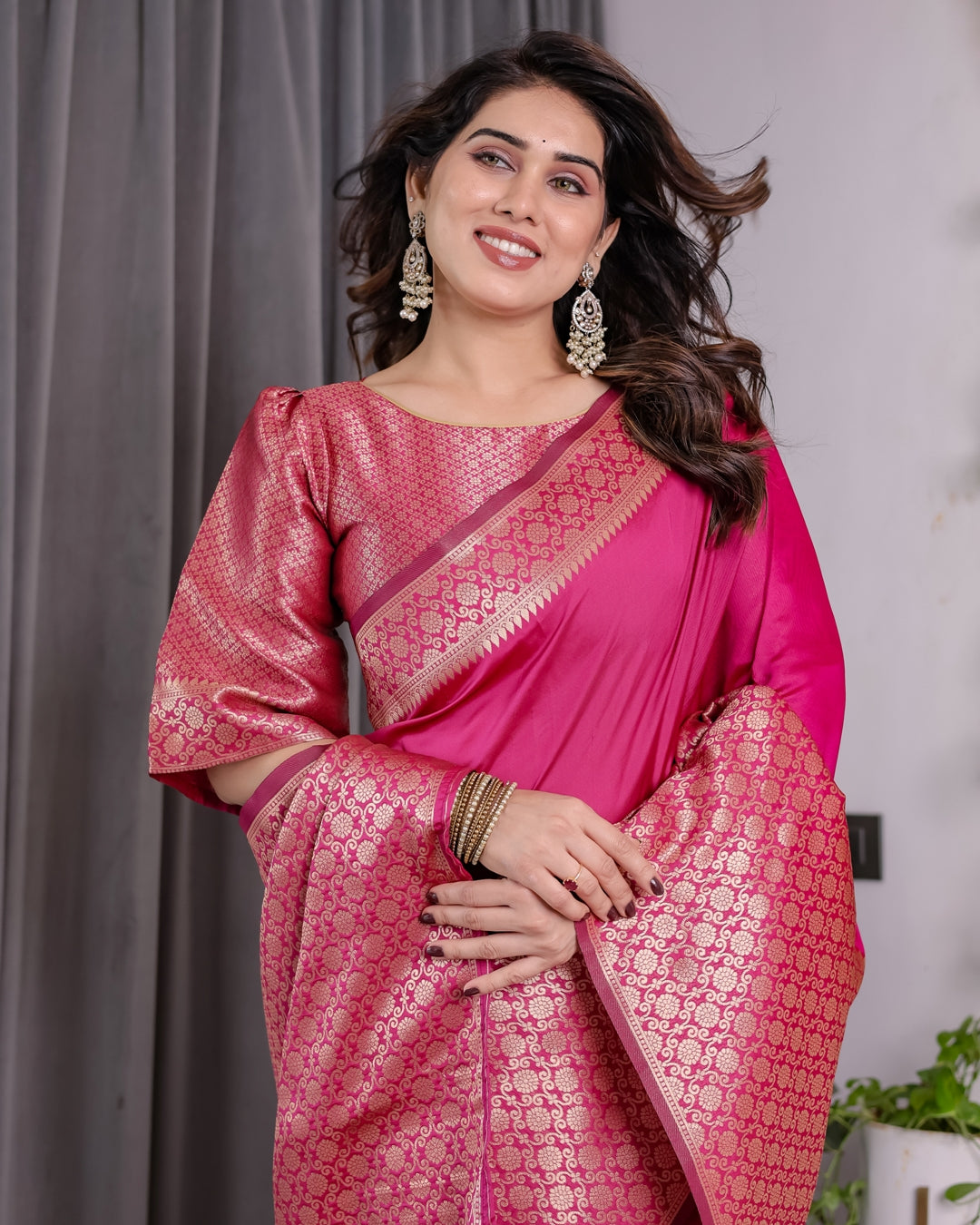 Rani Pink Banarasi Soft Silk Saree With Elegant Golden Zari for Women