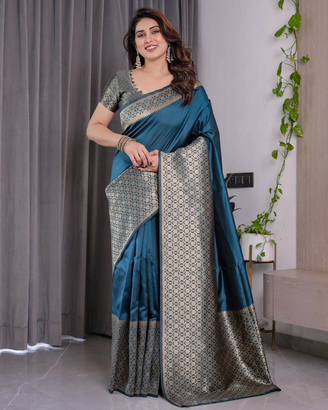 Teal Blue Banarasi Soft Silk Saree With Elegant Golden Zari for Women