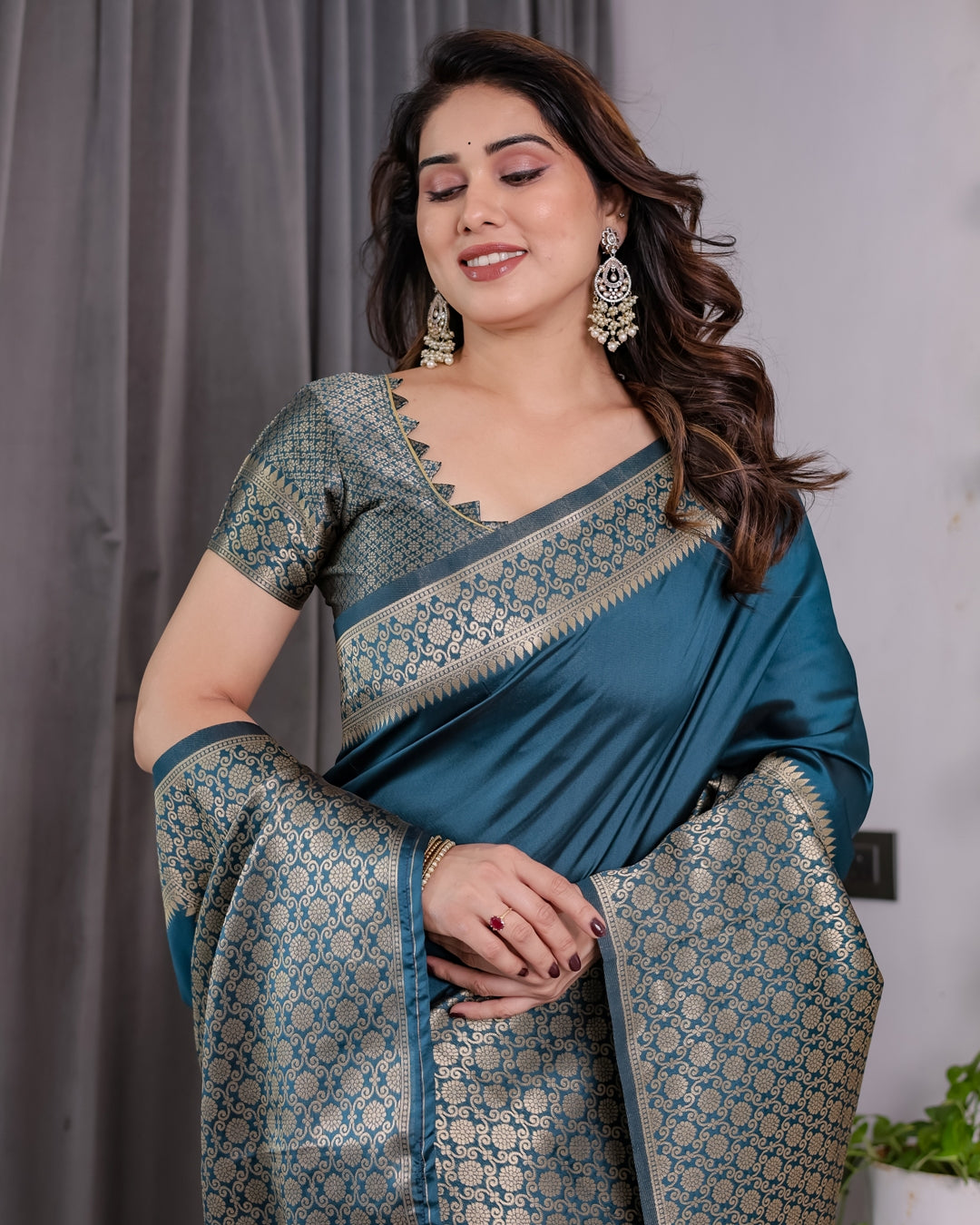 Teal Blue Banarasi Soft Silk Saree With Elegant Golden Zari for Women