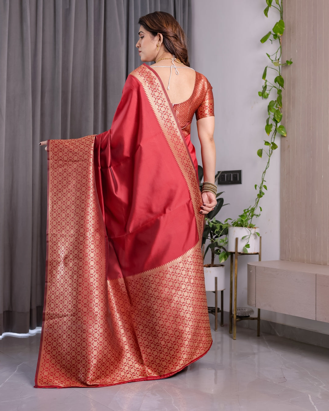 Coral Red Banarasi Soft Silk Saree With Golden Zari Borders 2