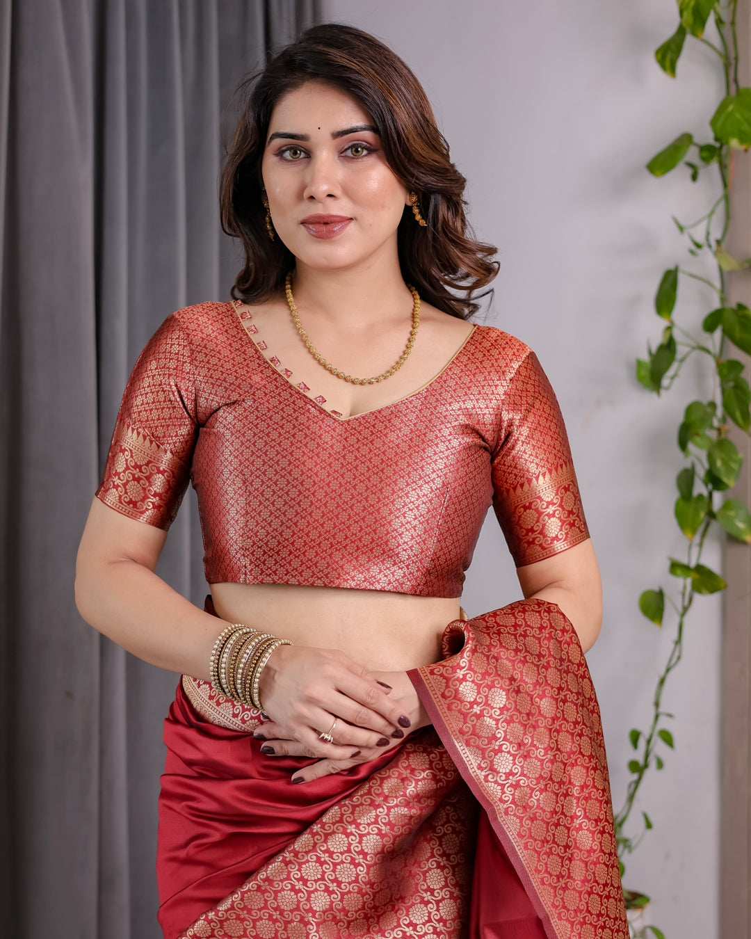 Coral Red Banarasi Soft Silk Saree With Golden Zari Borders 2