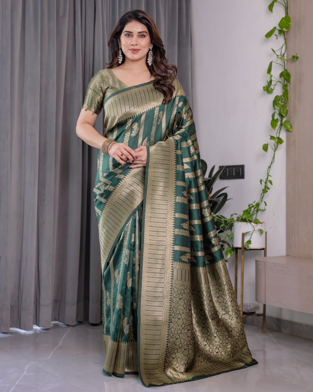 Teal Green Banarasi Soft Silk Saree With Golden Zari Border for Women