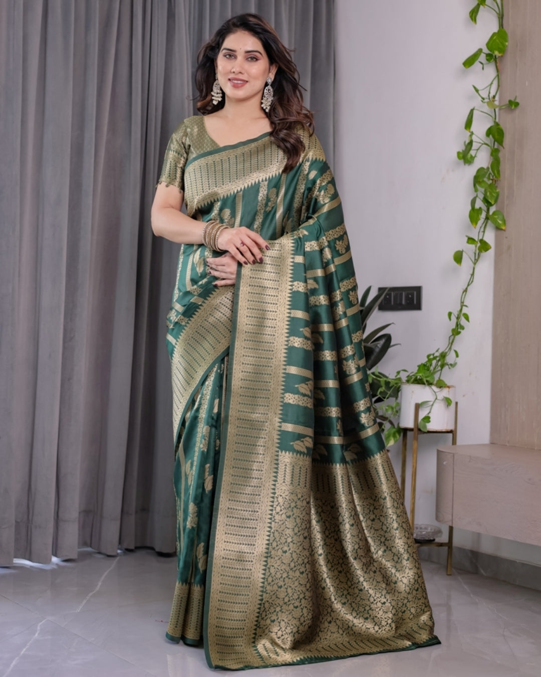 Teal Green Banarasi Soft Silk Saree With Golden Zari Border for Women