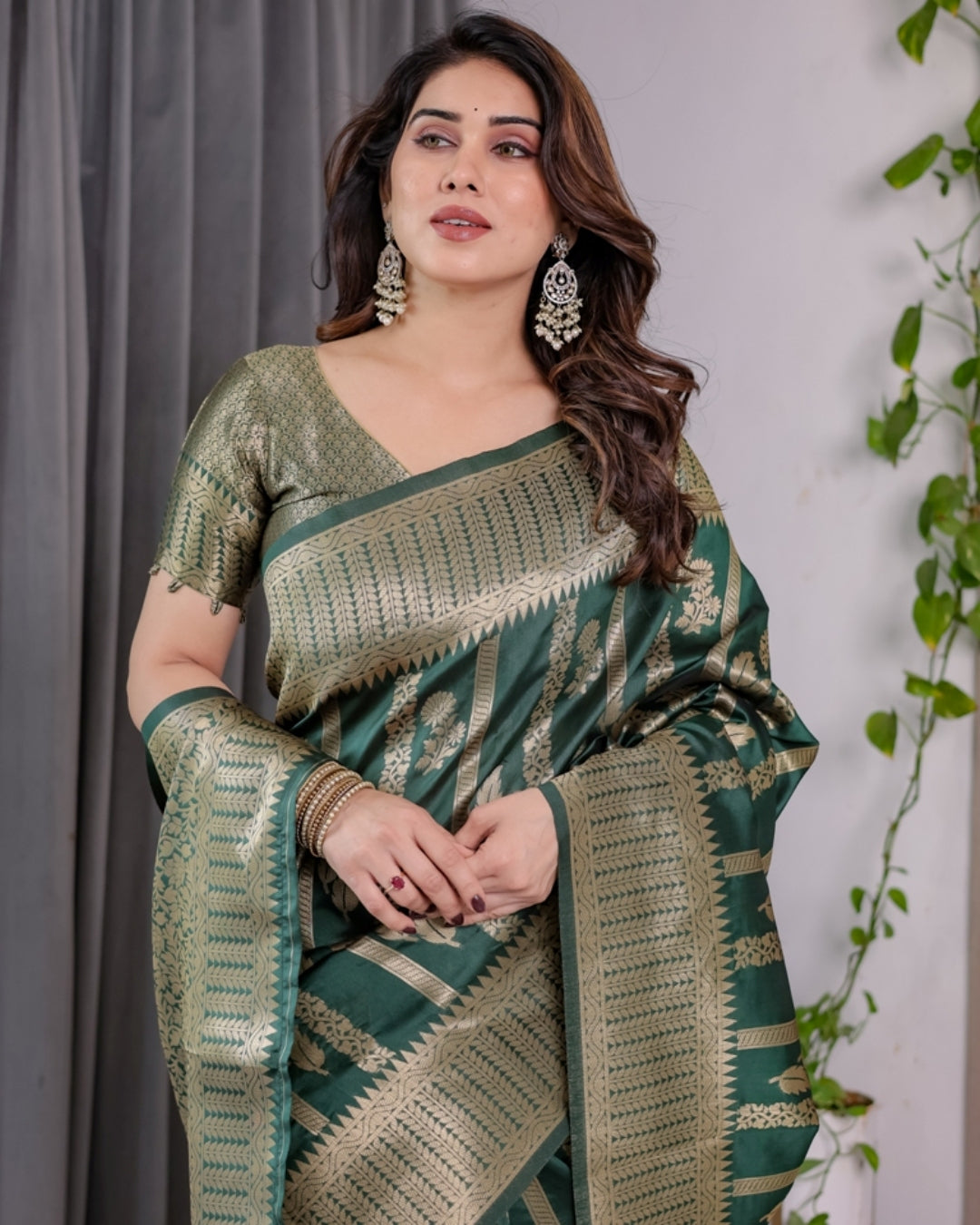 Teal Green Banarasi Soft Silk Saree With Golden Zari Border for Women