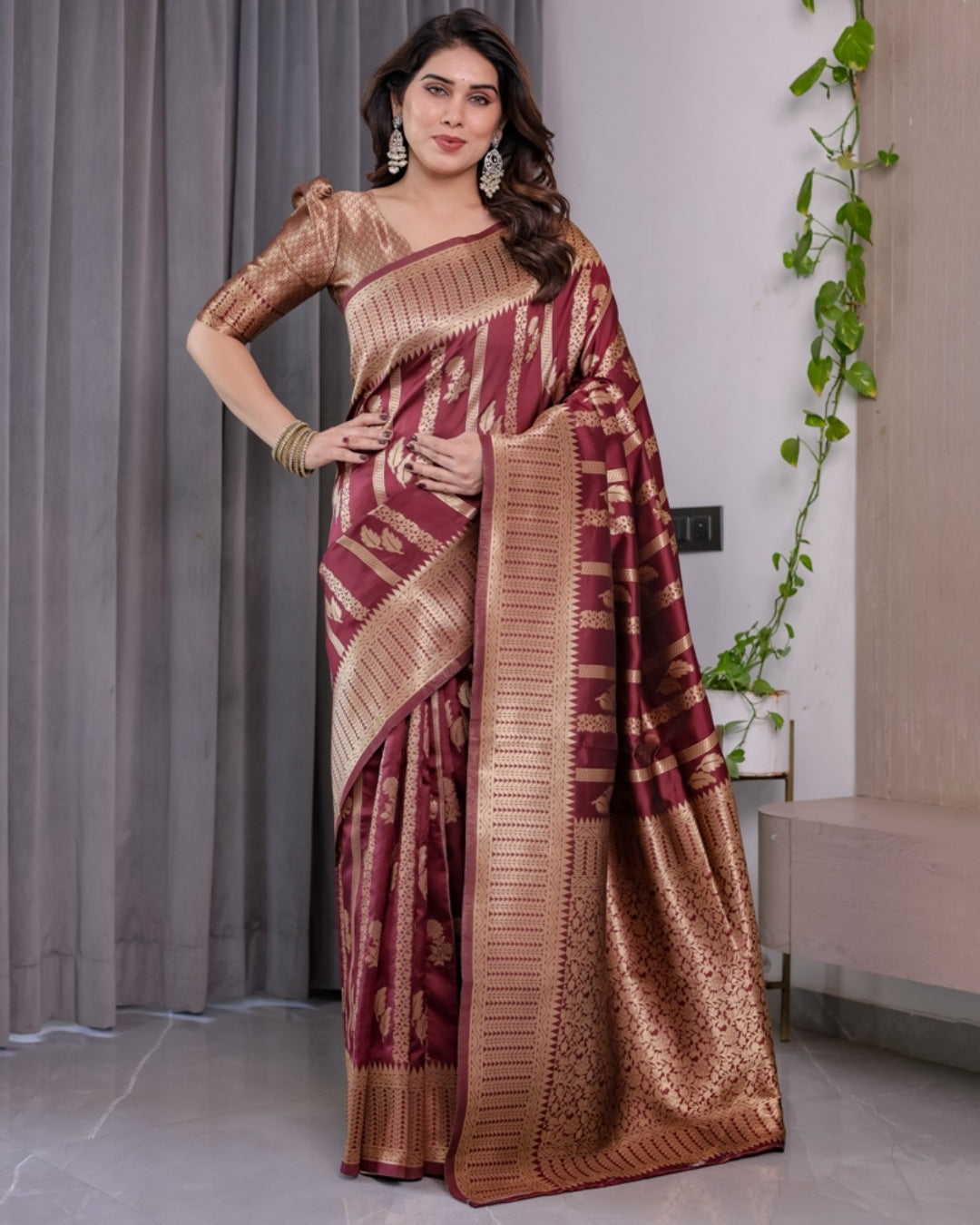 Maroon Banarasi Soft Silk Saree With Golden Zari Border 2 for Women