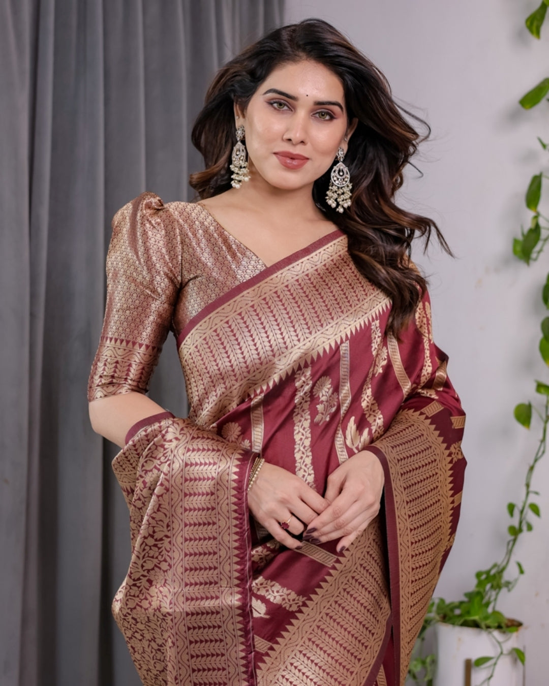 Maroon Banarasi Soft Silk Saree With Golden Zari Border 2 for Women
