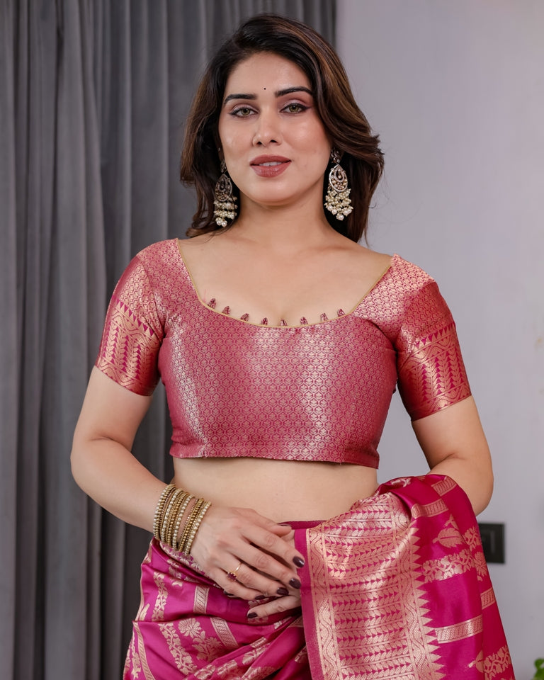 Rani Pink Banarasi Soft Silk Saree With Golden Zari Borders for Women