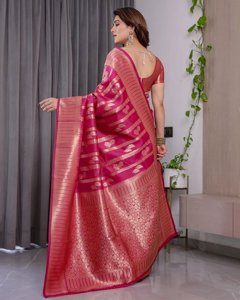 Rani Pink Banarasi Soft Silk Saree With Golden Zari Borders for Women