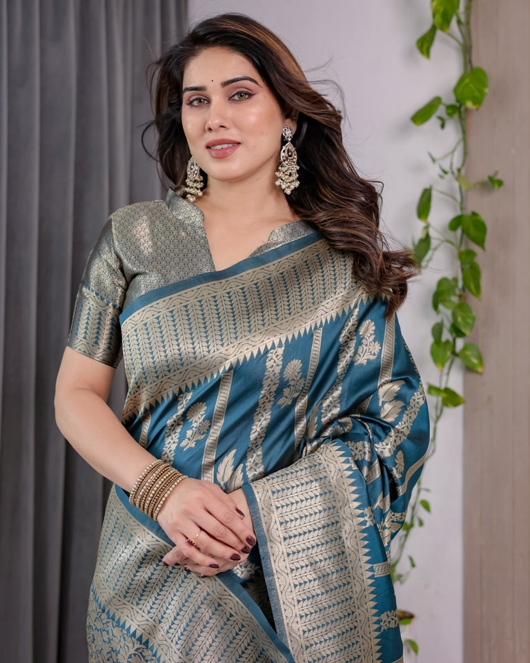 Teal Blue Banarasi Soft Silk Saree With Elegant Zari Border for Women