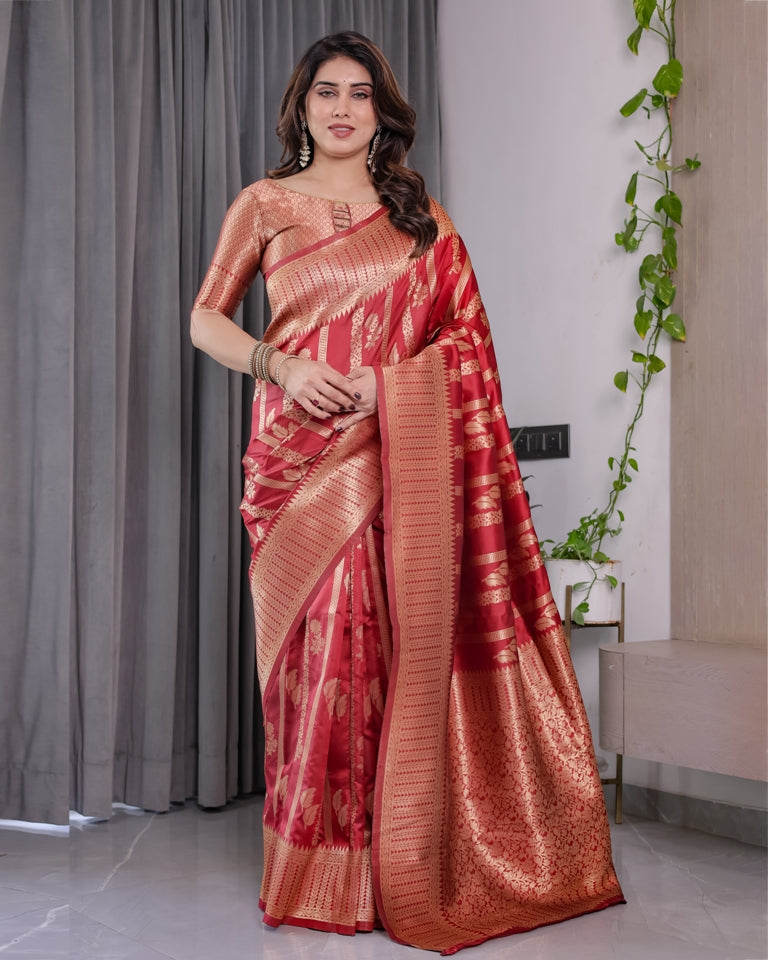 Coral Red Banarasi Soft Silk Saree With Golden Zari Borders for Women
