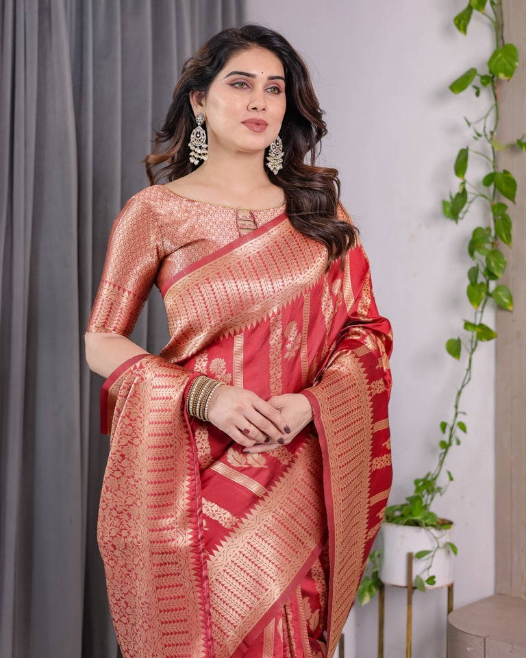 Coral Red Banarasi Soft Silk Saree With Golden Zari Borders for Women