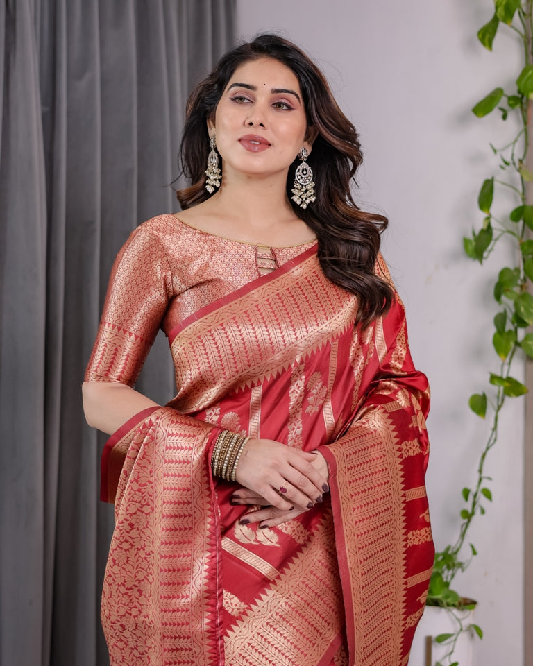 Coral Red Banarasi Soft Silk Saree With Golden Zari Borders for Women