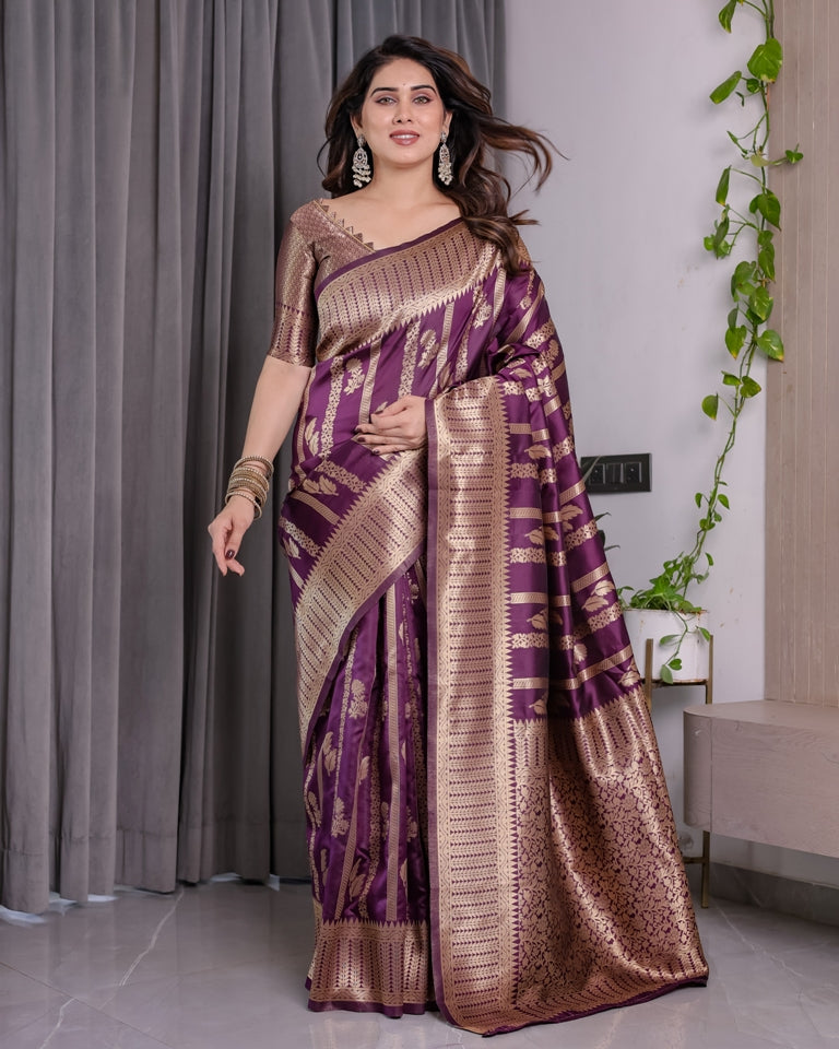 Royal Purple Banarasi Soft Silk Saree With Golden Zari Work for Women