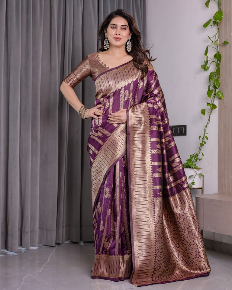 Royal Purple Banarasi Soft Silk Saree With Golden Zari Work for Women