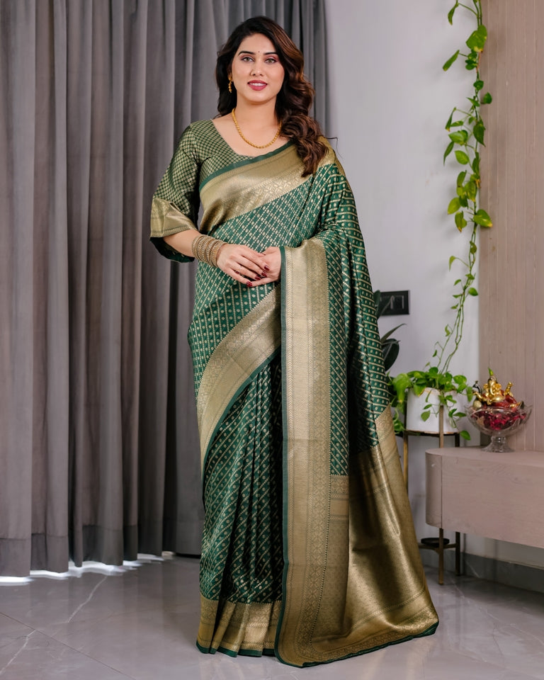 Bottle Green Banarasi Soft Silk Saree With Rich Golden Zari for Women