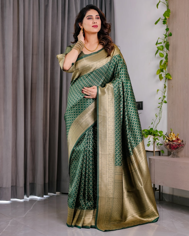 Bottle Green Banarasi Soft Silk Saree With Rich Golden Zari for Women