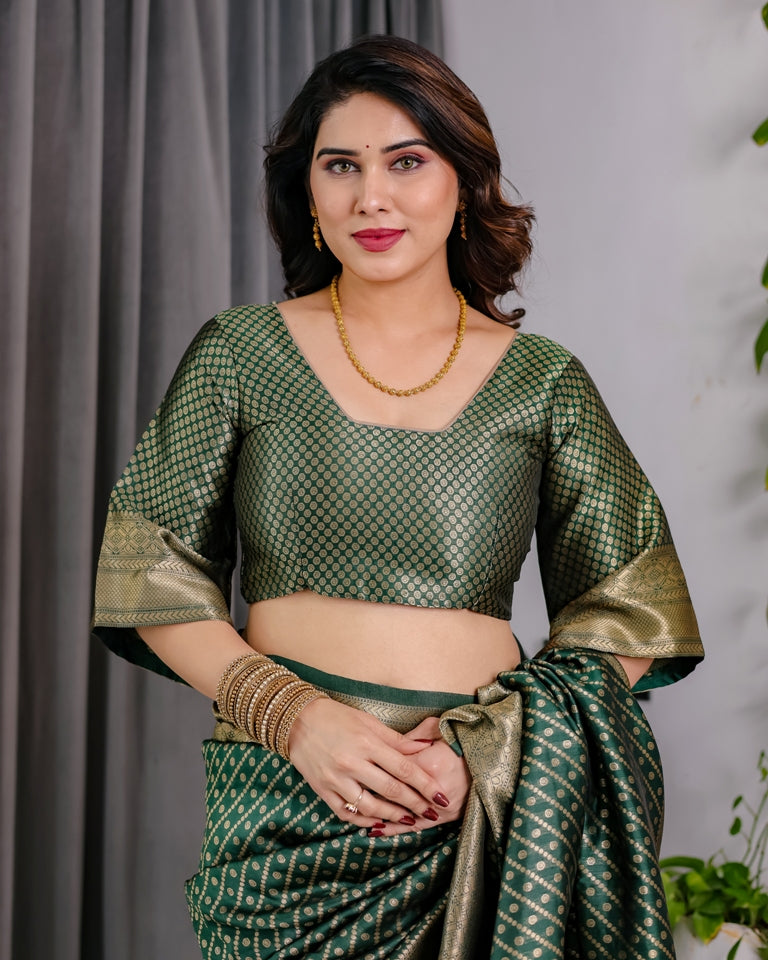 Bottle Green Banarasi Soft Silk Saree With Rich Golden Zari for Women