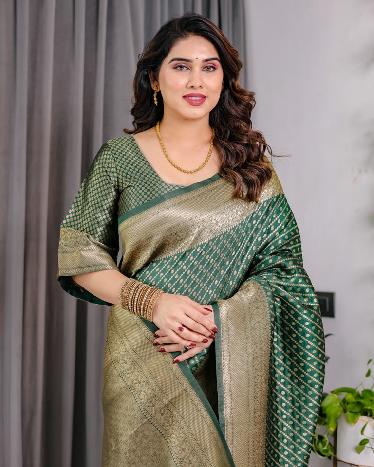 Bottle Green Banarasi Soft Silk Saree With Rich Golden Zari for Women