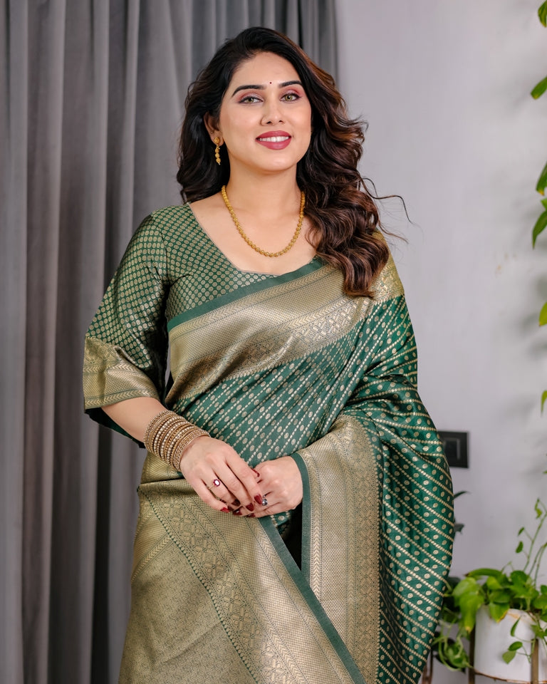 Bottle Green Banarasi Soft Silk Saree With Rich Golden Zari for Women