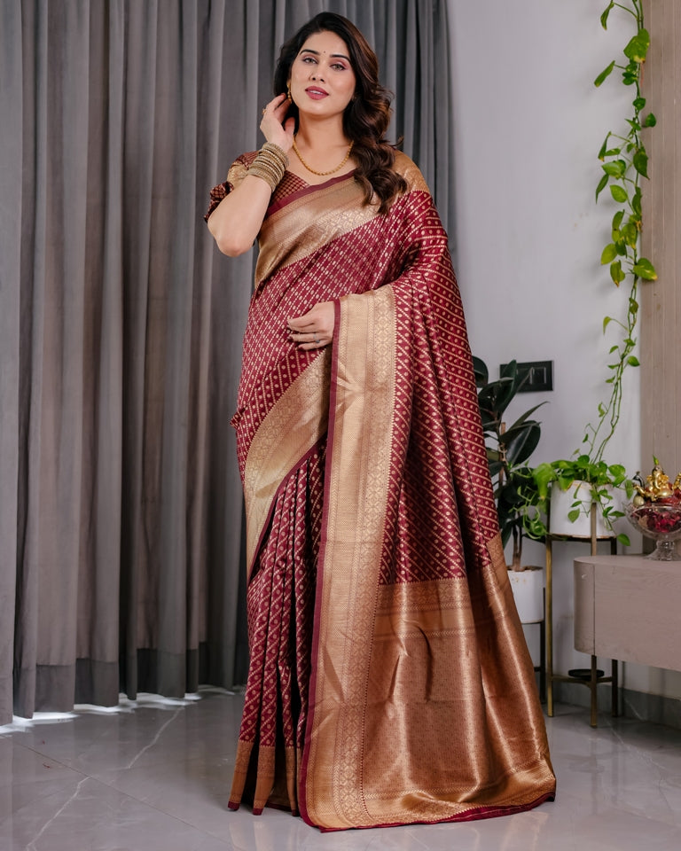 Maroon Banarasi Soft Silk Saree With Golden Zari Border for Women