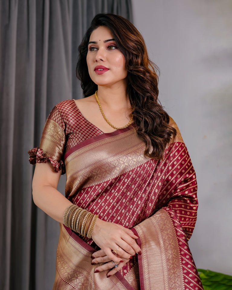 Maroon Banarasi Soft Silk Saree With Golden Zari Border for Women