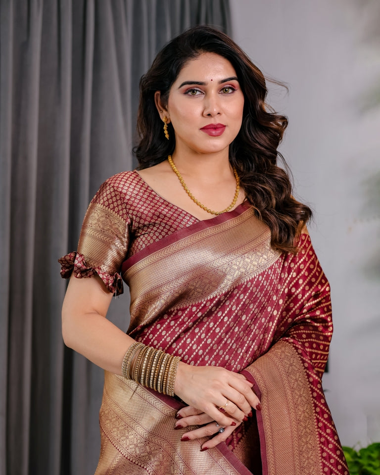 Maroon Banarasi Soft Silk Saree With Golden Zari Border for Women