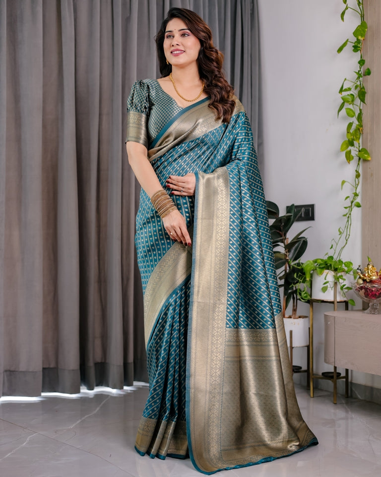 Teal Blue Banarasi Silk Zari Saree for Women