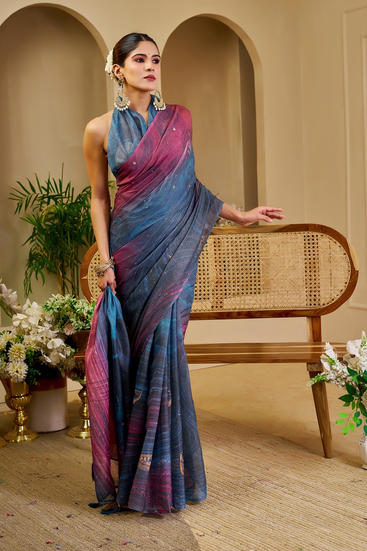 Blue Wine Tissue Handloom Cotton Saree with Shimmer Print for Women