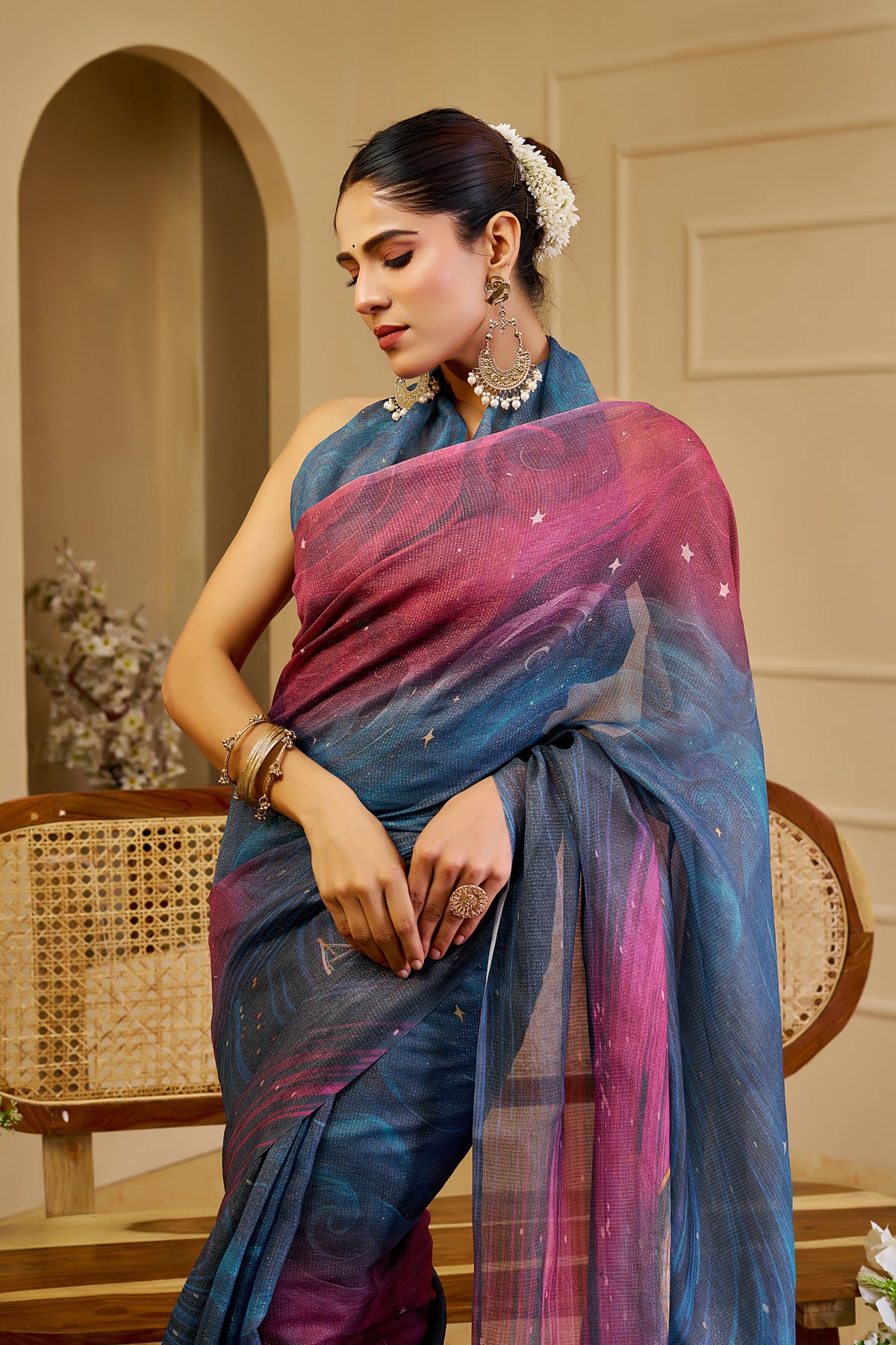 Blue Wine Tissue Handloom Cotton Saree with Shimmer Print for Women