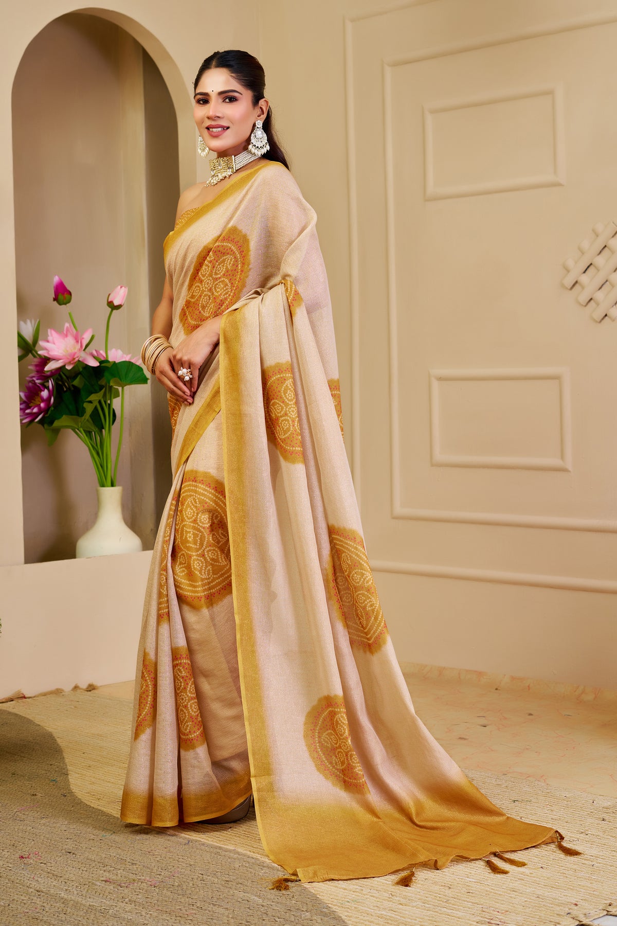 Cream Tissue Handloom Cotton Saree with Golden Motif Prints for Women