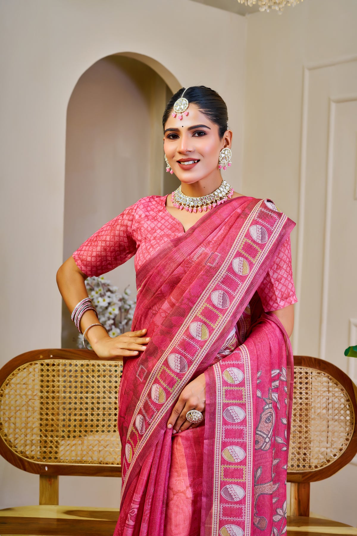 Pink Tissue Handloom Cotton Saree With Zari Weave for Women