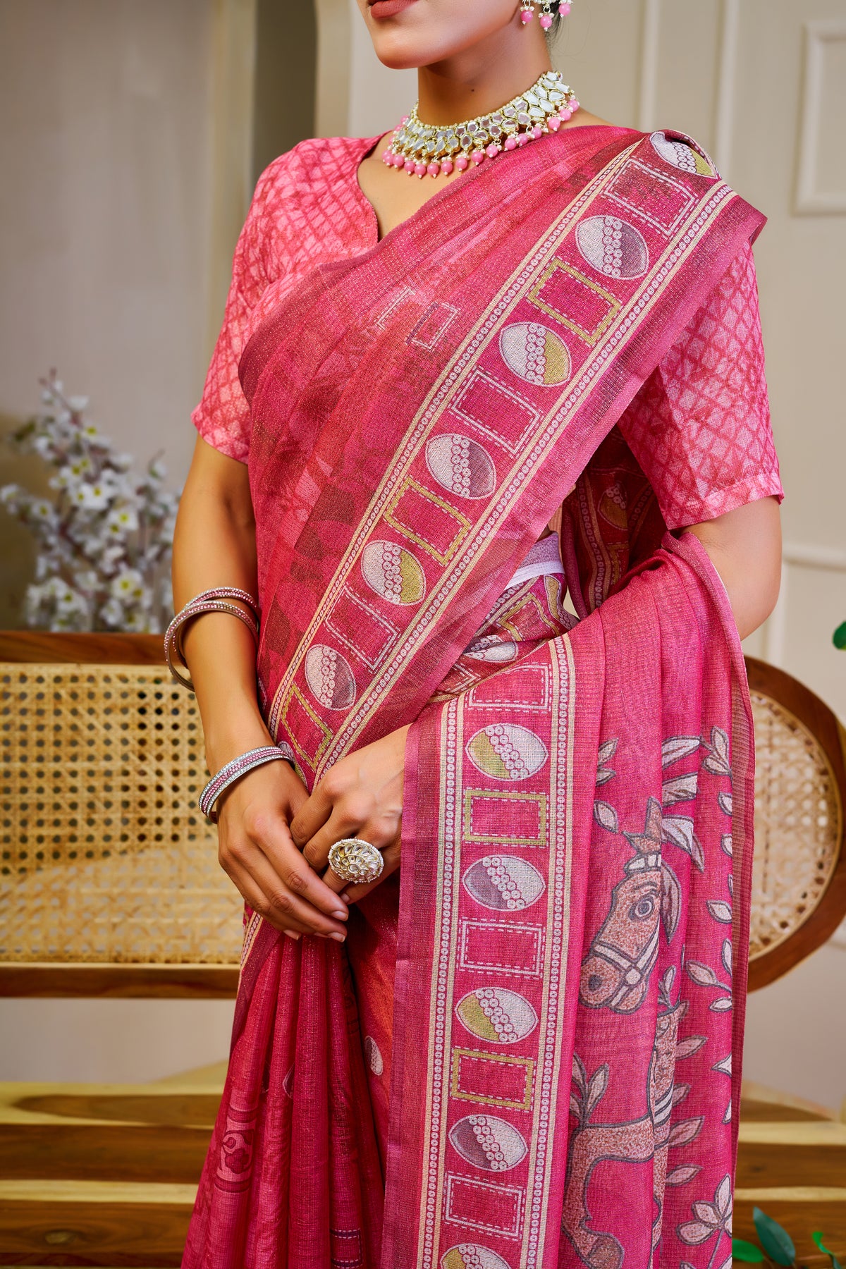 Pink Tissue Handloom Cotton Saree With Zari Weave for Women