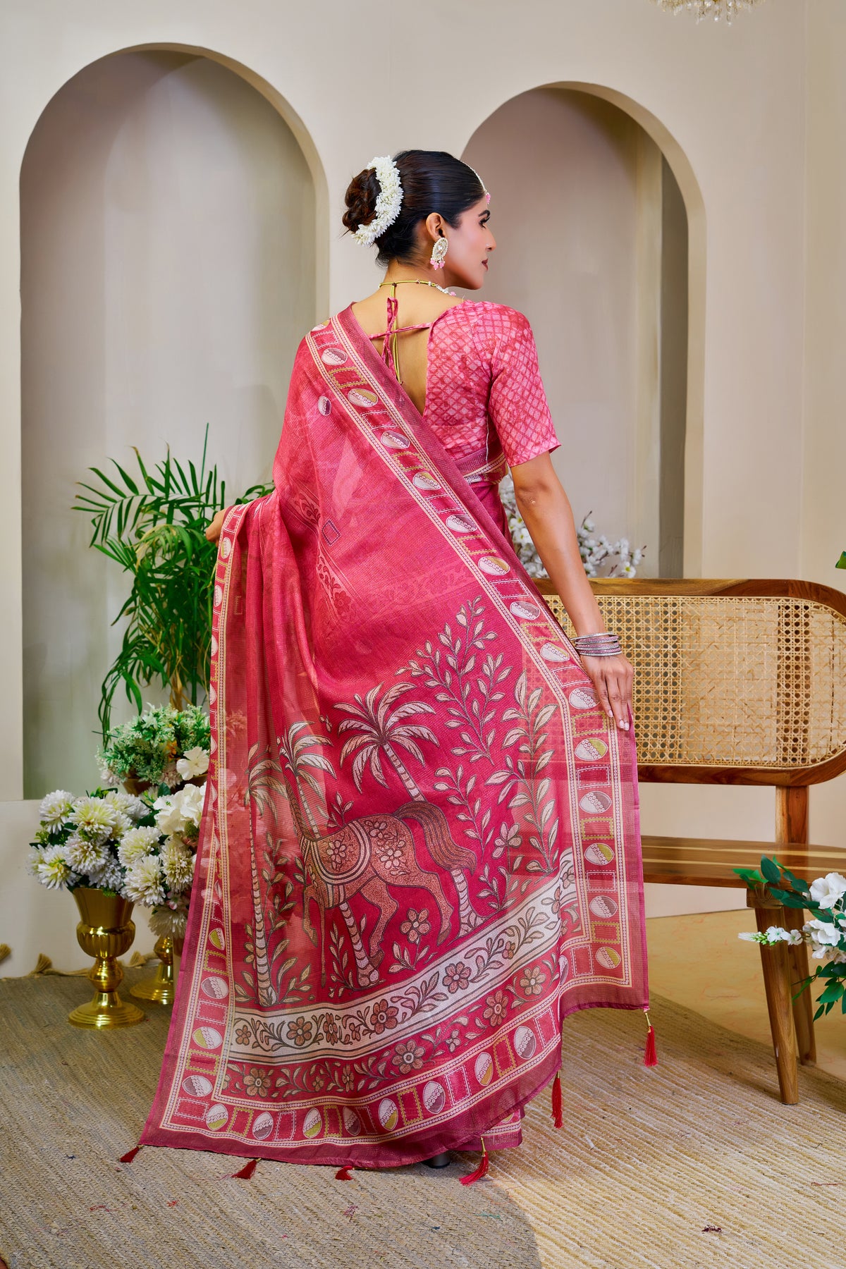 Pink Tissue Handloom Cotton Saree With Zari Weave for Women