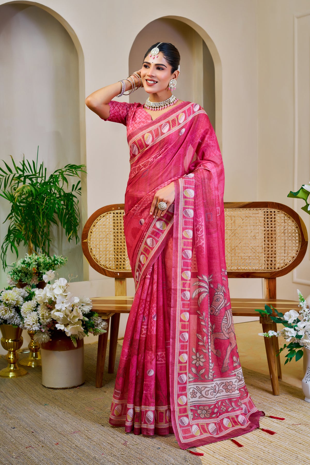 Pink Tissue Handloom Cotton Saree With Zari Weave for Women