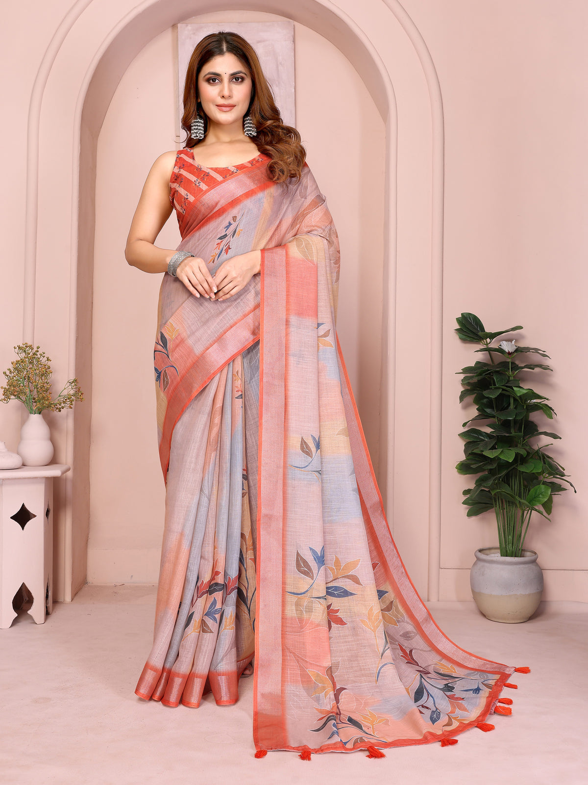 Peach Linen Cotton Floral Saree with Contrast Blue Border for Women