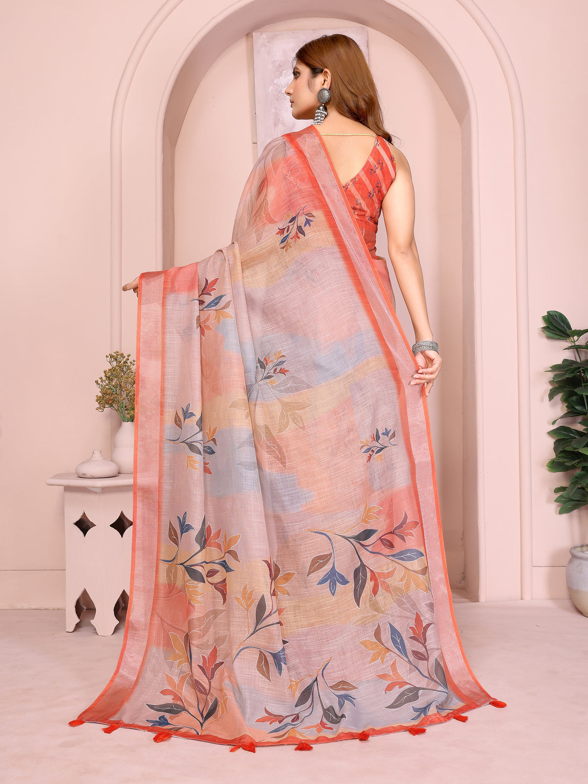 Peach Linen Cotton Floral Saree with Contrast Blue Border for Women