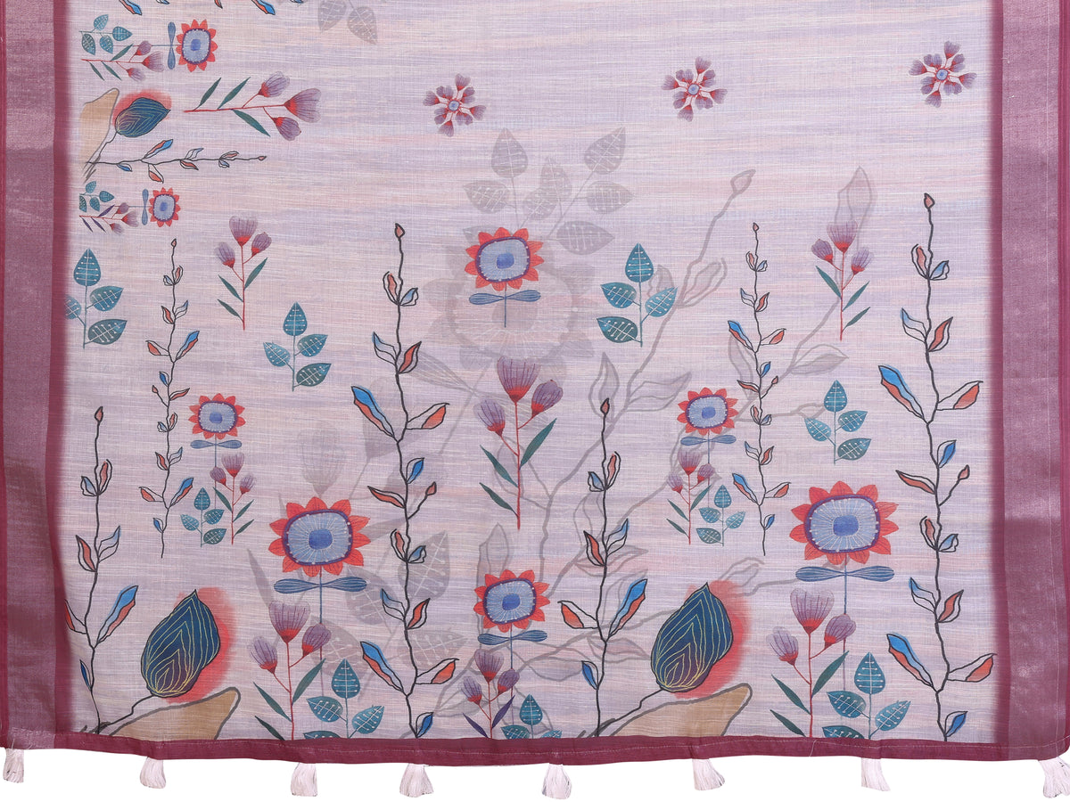 Lavender Linen Cotton Floral Print Saree with Contrast Border