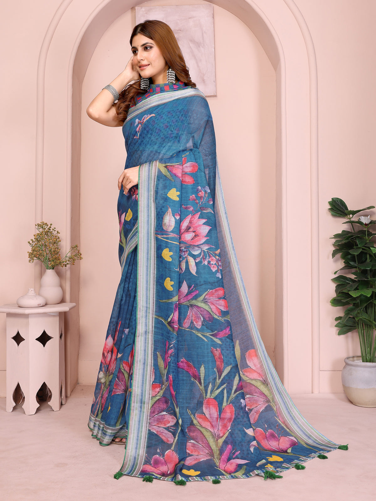 Blue Linen Cotton Floral Print Saree with a Contrast Border for Women