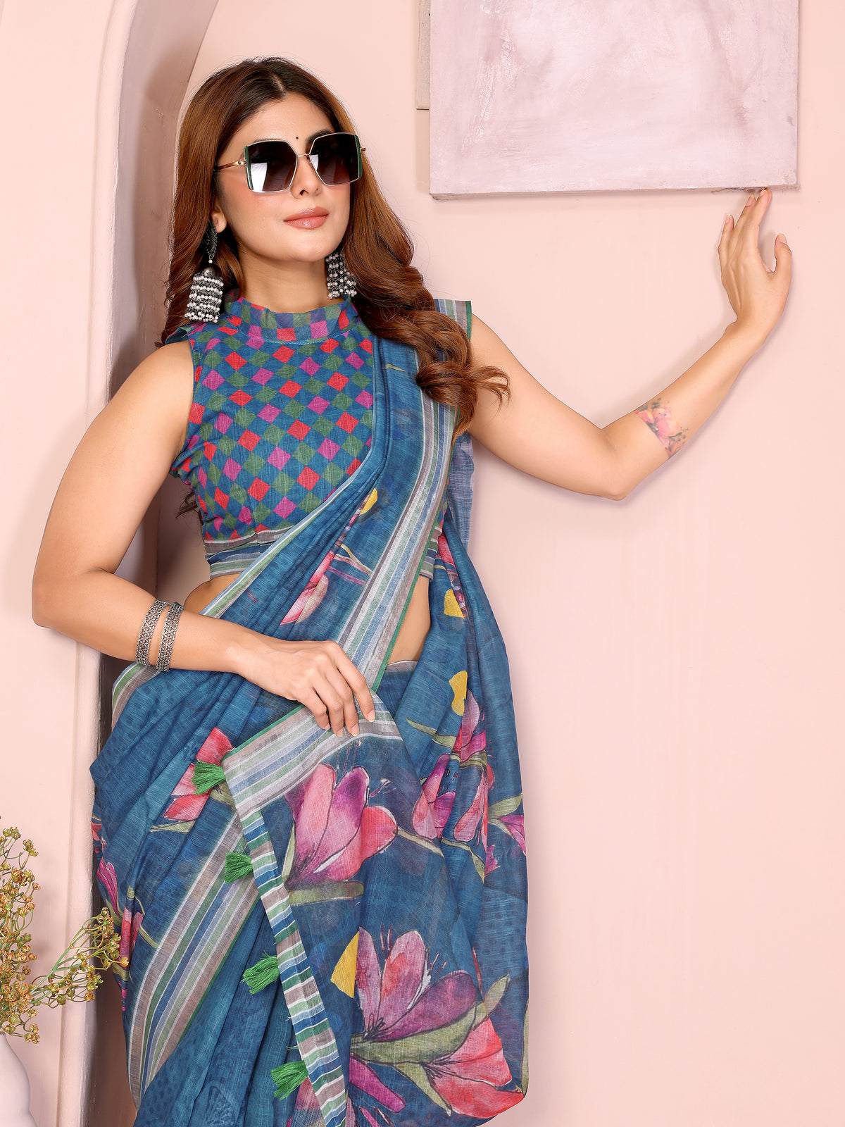 Blue Linen Cotton Floral Print Saree with a Contrast Border for Women